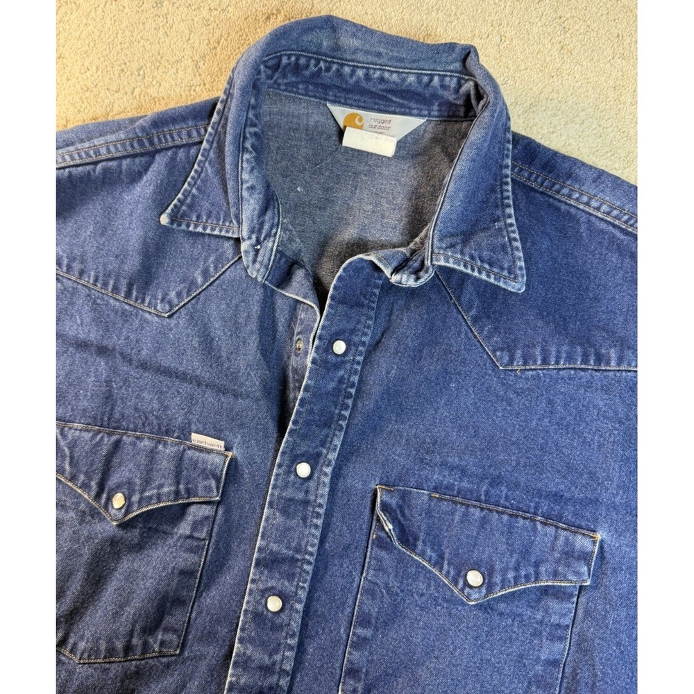 Vintage 90s Denim Carhartt Pearl Snap Western Work Wear Long Sleeve Shirt Sz XL